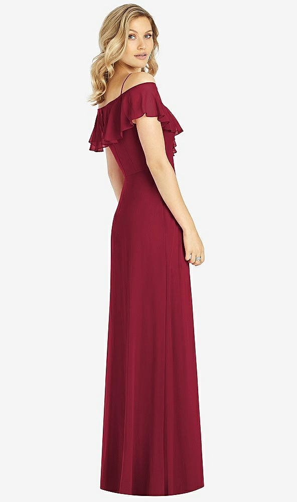 Back View - Burgundy Ruffled Cold-Shoulder Maxi Dress