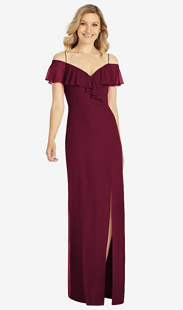 Front View - Cabernet Ruffled Cold-Shoulder Maxi Dress