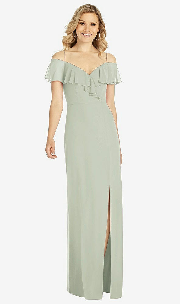 Front View - Celadon Ruffled Cold-Shoulder Maxi Dress