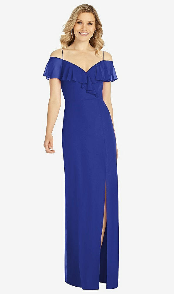 Front View - Cobalt Blue Ruffled Cold-Shoulder Maxi Dress