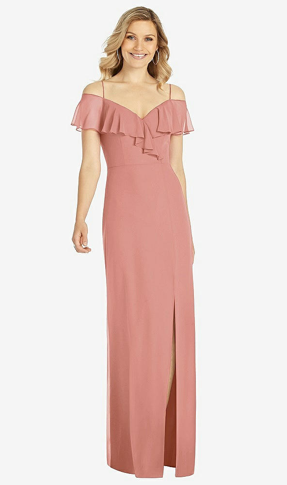 Front View - Desert Rose Ruffled Cold-Shoulder Maxi Dress