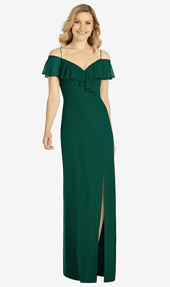 Front View - Hunter Green Ruffled Cold-Shoulder Maxi Dress