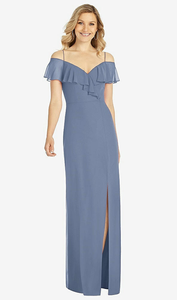 Front View - Larkspur Blue Ruffled Cold-Shoulder Maxi Dress