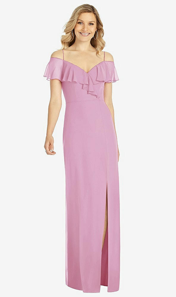 Front View - Powder Pink Ruffled Cold-Shoulder Maxi Dress