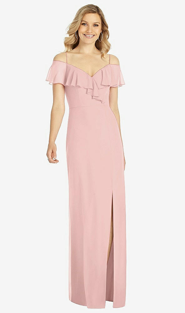 Front View - Rose - PANTONE Rose Quartz Ruffled Cold-Shoulder Maxi Dress