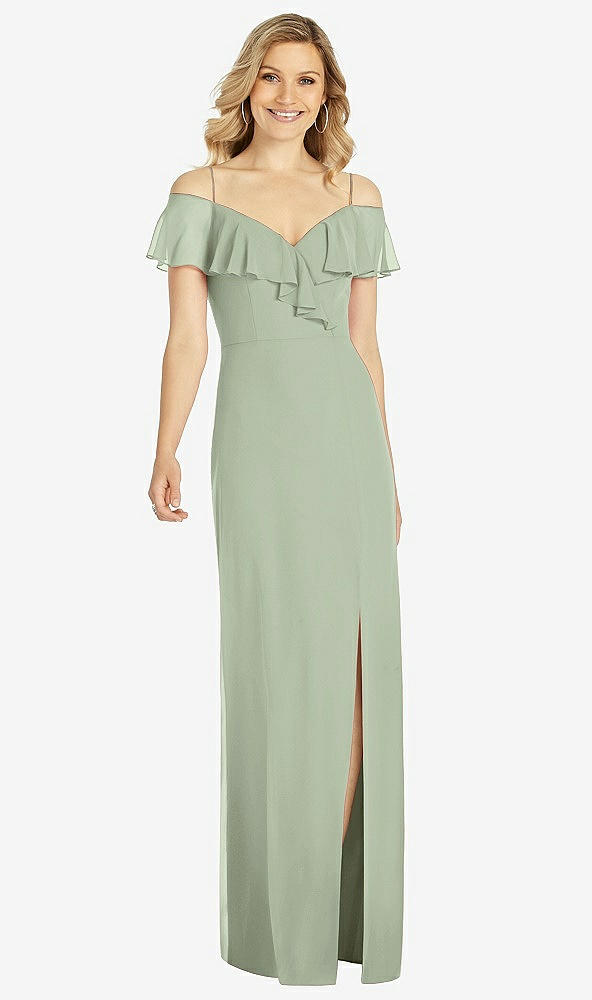 Front View - Sage Ruffled Cold-Shoulder Maxi Dress