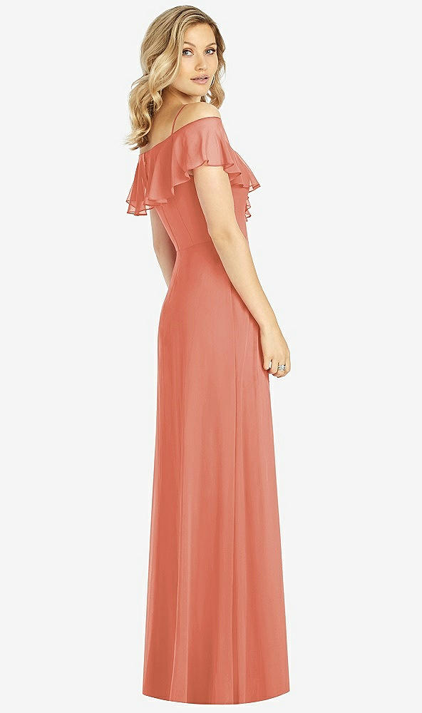 Back View - Terracotta Copper Ruffled Cold-Shoulder Maxi Dress