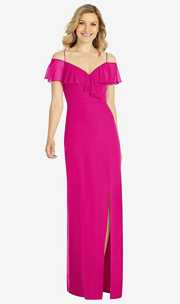 Front View - Think Pink Ruffled Cold-Shoulder Maxi Dress