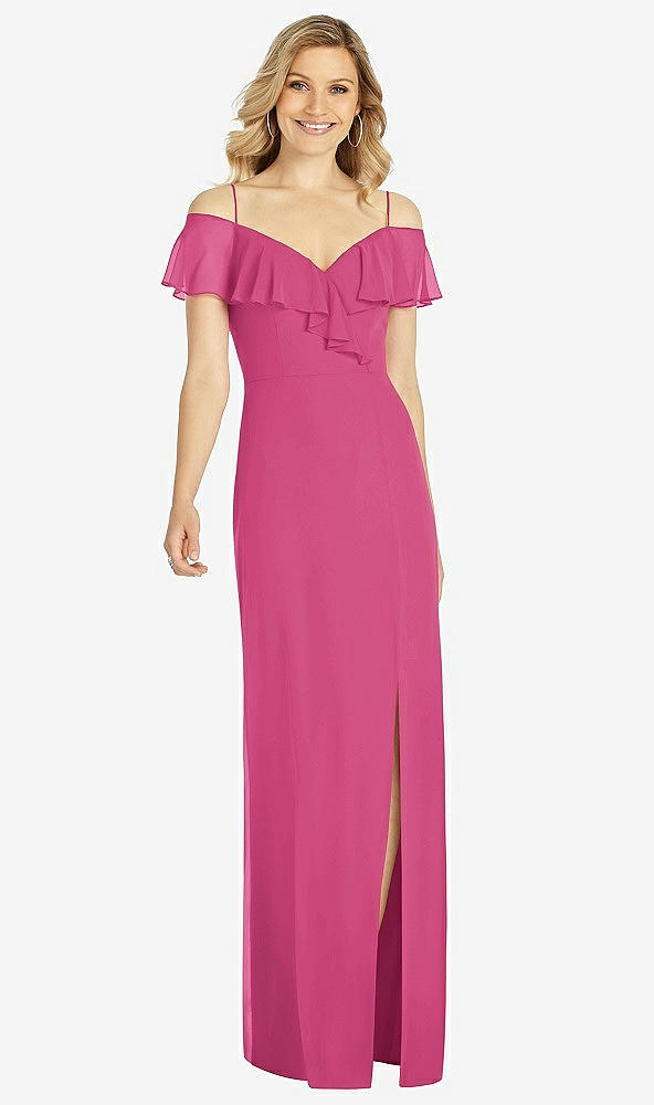 Front View - Tea Rose Ruffled Cold-Shoulder Maxi Dress