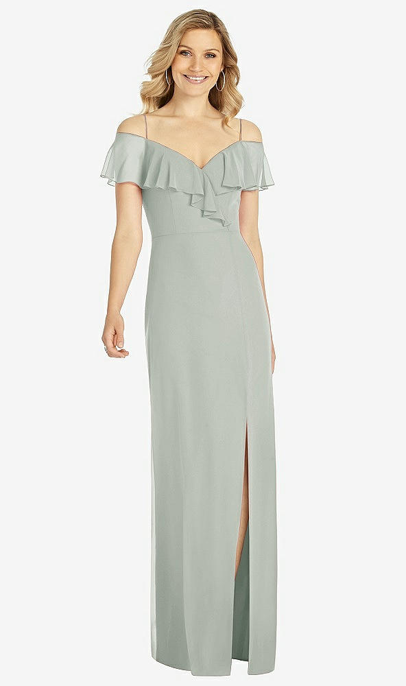 Front View - Willow Green Ruffled Cold-Shoulder Maxi Dress