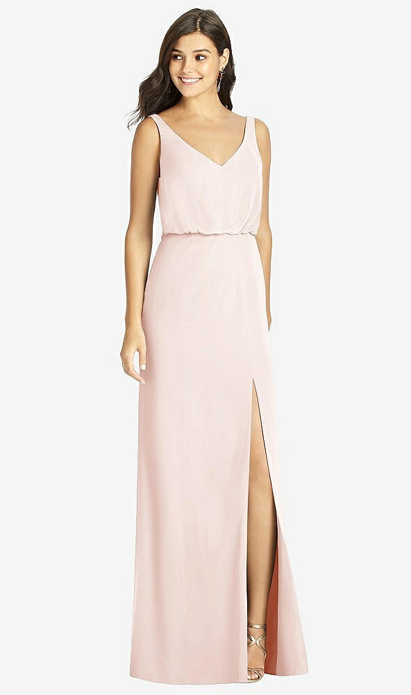 Front View - Blush Blouson Bodice Mermaid Dress with Front Slit