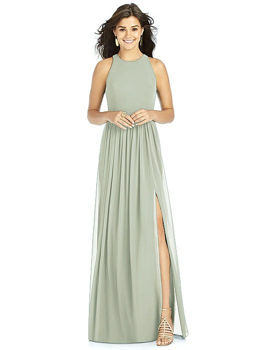 Shirred Skirt Jewel Neck Halter Dress with Front Slit