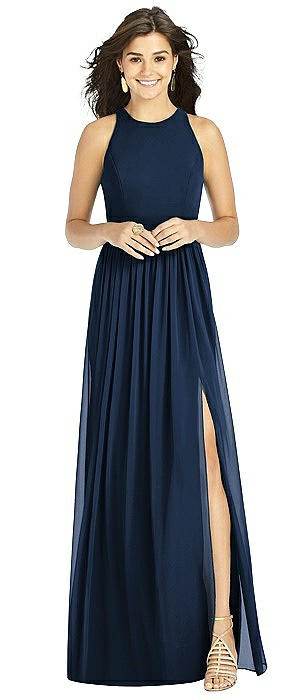 Shirred Skirt Jewel Neck Halter Dress with Front Slit