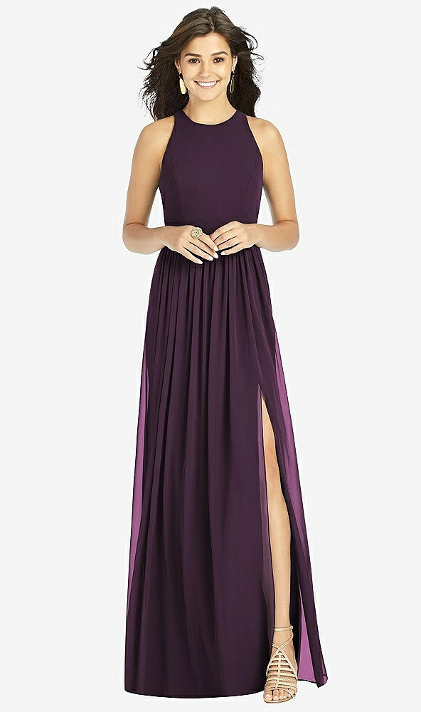 Front View - Aubergine Shirred Skirt Jewel Neck Halter Dress with Front Slit