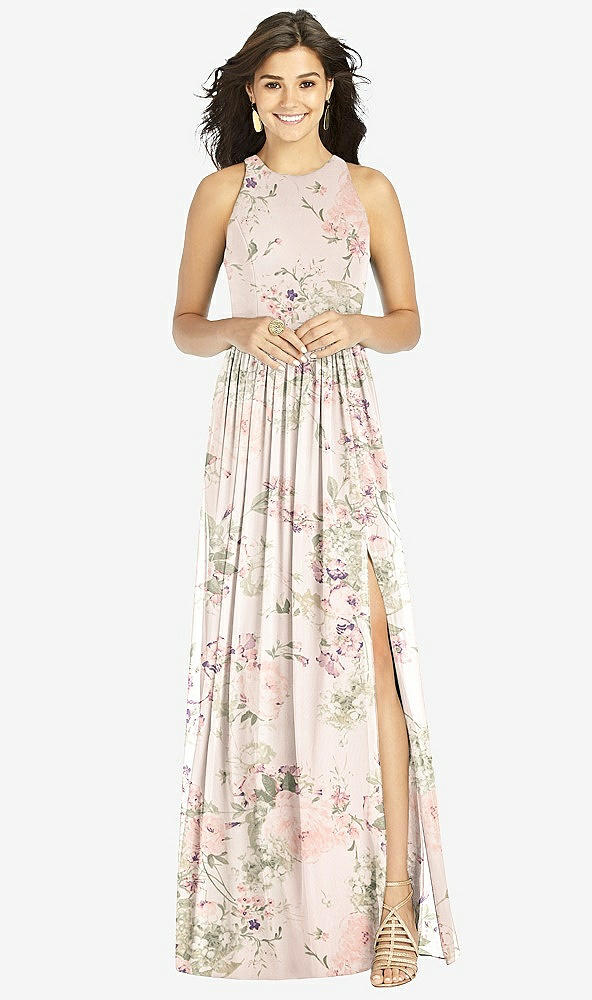 Front View - Blush Garden Shirred Skirt Jewel Neck Halter Dress with Front Slit