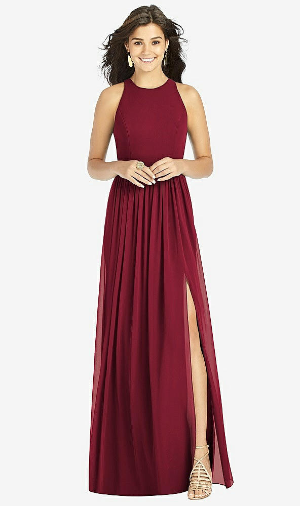 Front View - Burgundy Shirred Skirt Jewel Neck Halter Dress with Front Slit