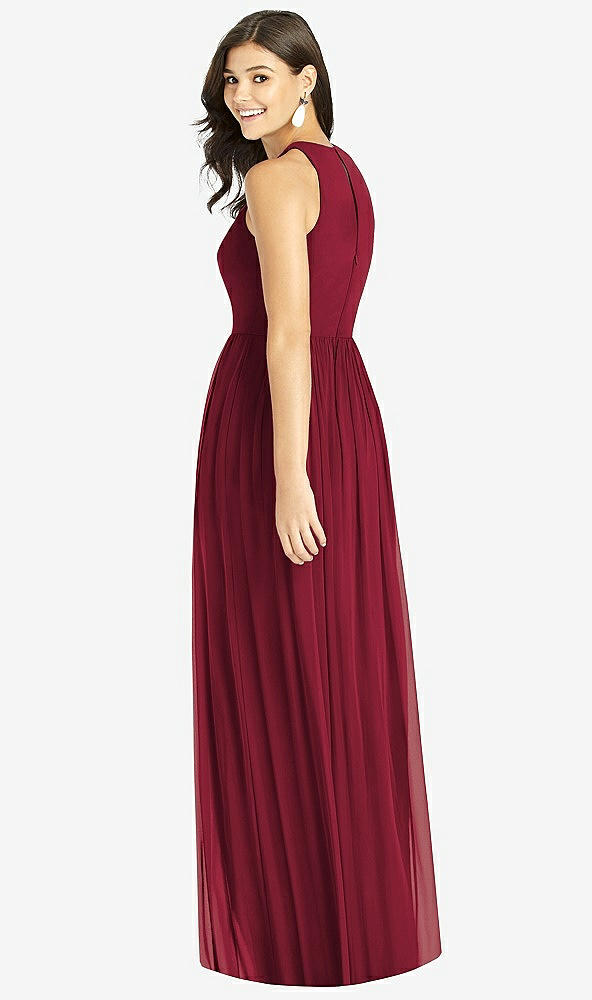 Back View - Burgundy Shirred Skirt Jewel Neck Halter Dress with Front Slit