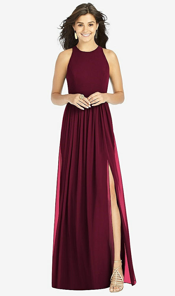 Front View - Cabernet Shirred Skirt Jewel Neck Halter Dress with Front Slit