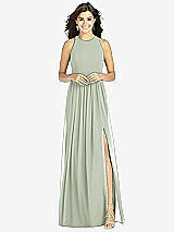 Front View Thumbnail - Celadon Shirred Skirt Jewel Neck Halter Dress with Front Slit