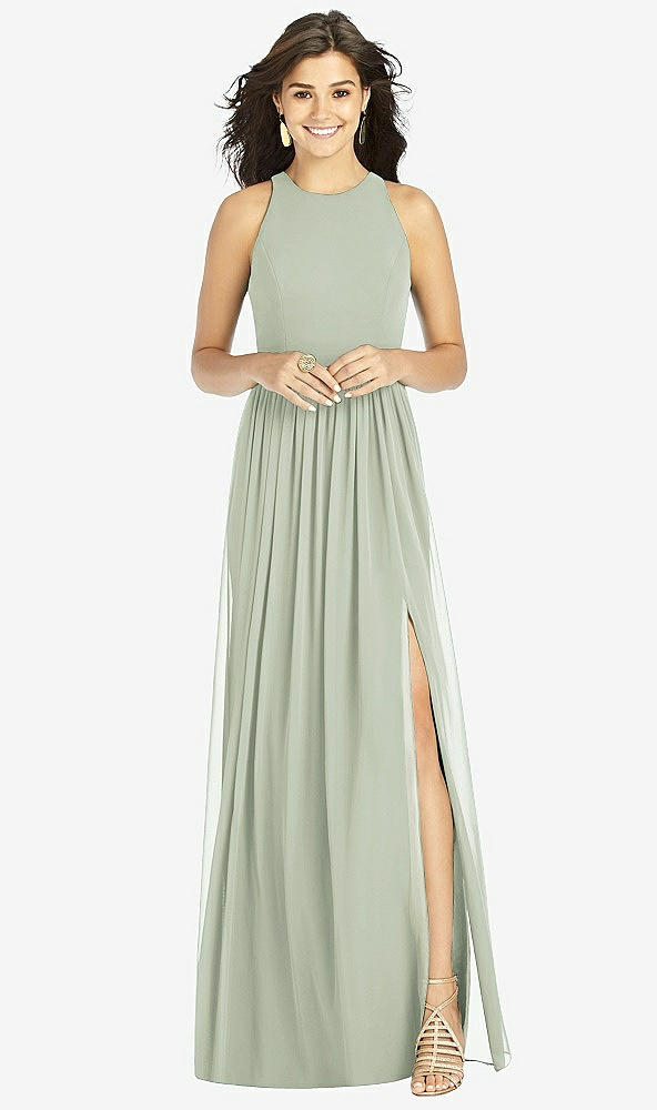 Front View - Celadon Shirred Skirt Jewel Neck Halter Dress with Front Slit