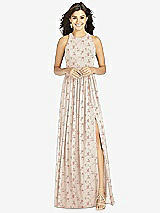 Front View Thumbnail - Coquette Floral Print Shirred Skirt Jewel Neck Halter Dress with Front Slit