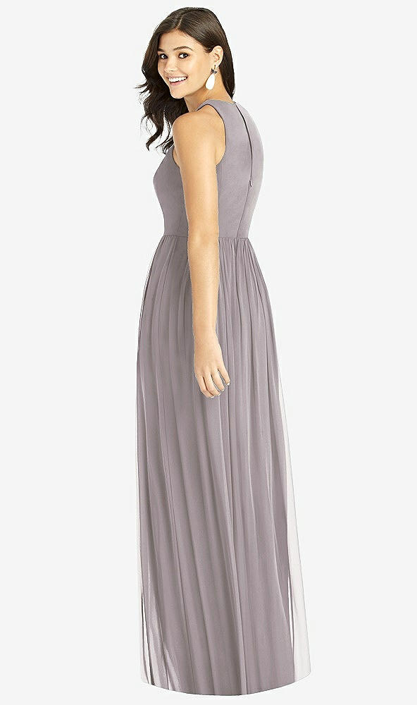 Back View - Cashmere Gray Shirred Skirt Jewel Neck Halter Dress with Front Slit