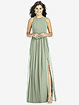 Front View Thumbnail - Sage Shirred Skirt Jewel Neck Halter Dress with Front Slit