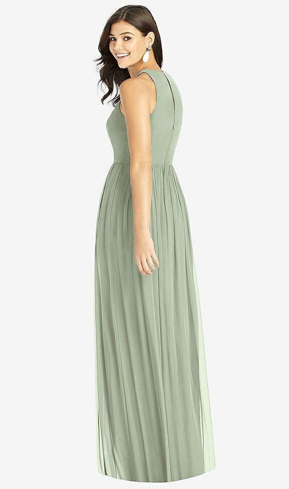 Back View - Sage Shirred Skirt Jewel Neck Halter Dress with Front Slit