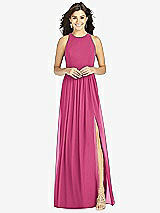 Front View Thumbnail - Tea Rose Shirred Skirt Jewel Neck Halter Dress with Front Slit