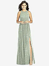 Front View Thumbnail - Vintage Primrose Sage Shirred Skirt Jewel Neck Halter Dress with Front Slit