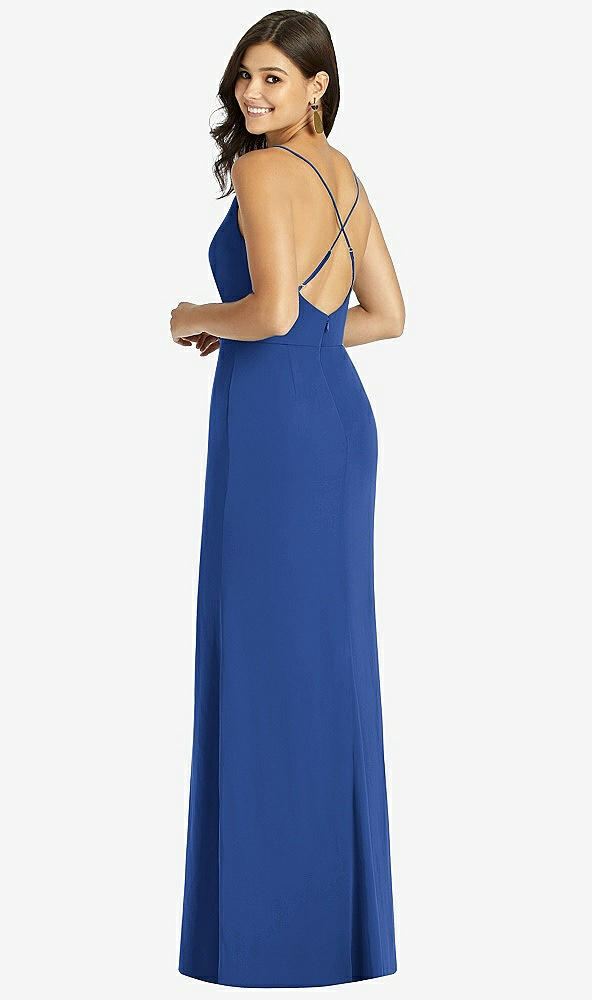 Back View - Classic Blue Criss Cross Back Mermaid Wrap Dress