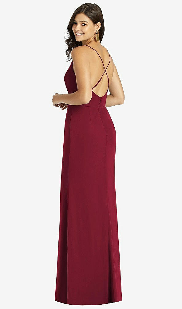 Back View - Burgundy Criss Cross Back Mermaid Wrap Dress