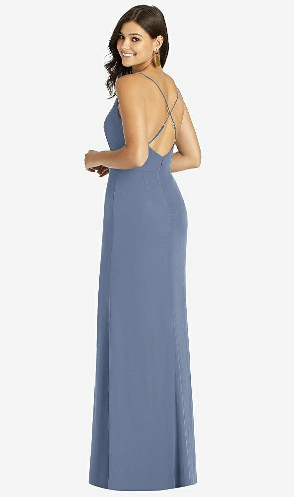 Back View - Larkspur Blue Criss Cross Back Mermaid Wrap Dress