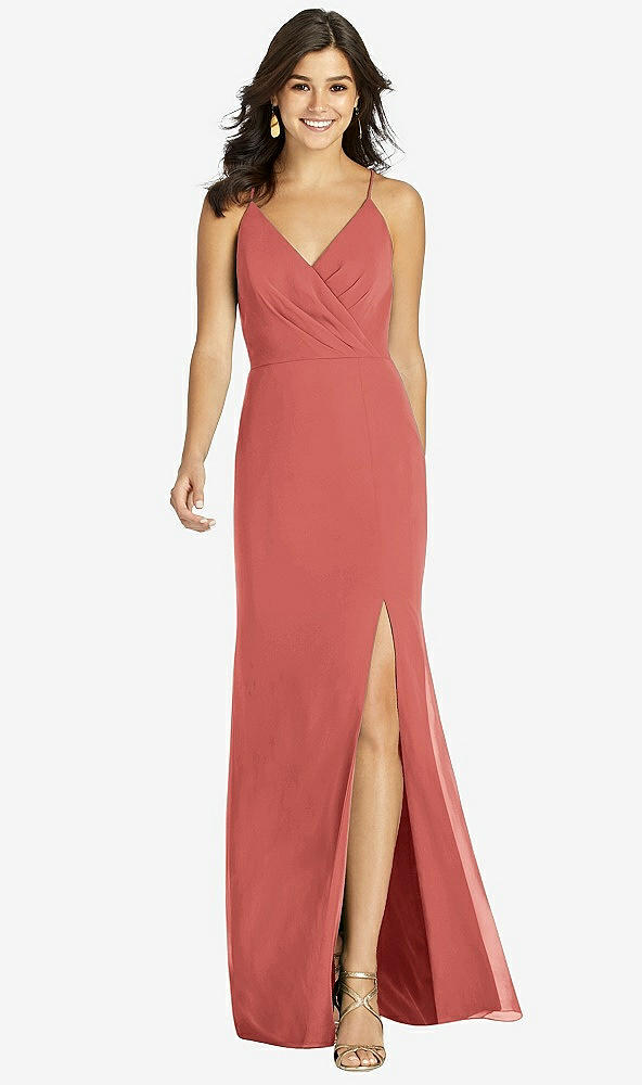 Front View - Coral Pink Criss Cross Back Mermaid Wrap Dress