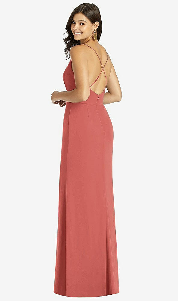 Back View - Coral Pink Criss Cross Back Mermaid Wrap Dress