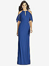 Front View Thumbnail - Classic Blue Ruffle Cold-Shoulder Mermaid Maxi Dress