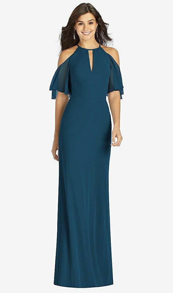 Front View - Atlantic Blue Ruffle Cold-Shoulder Mermaid Maxi Dress