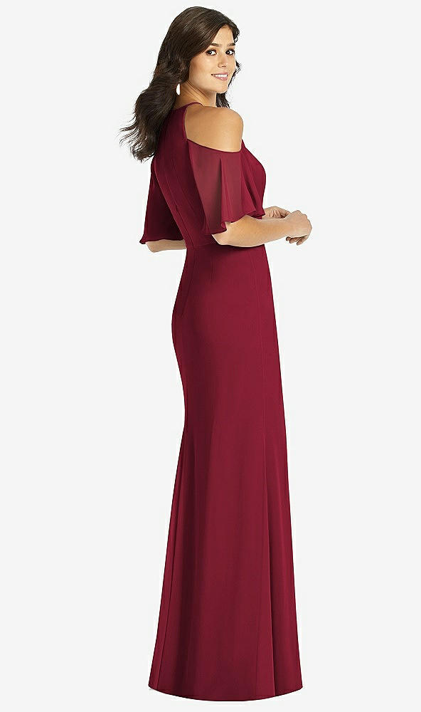 Back View - Burgundy Ruffle Cold-Shoulder Mermaid Maxi Dress