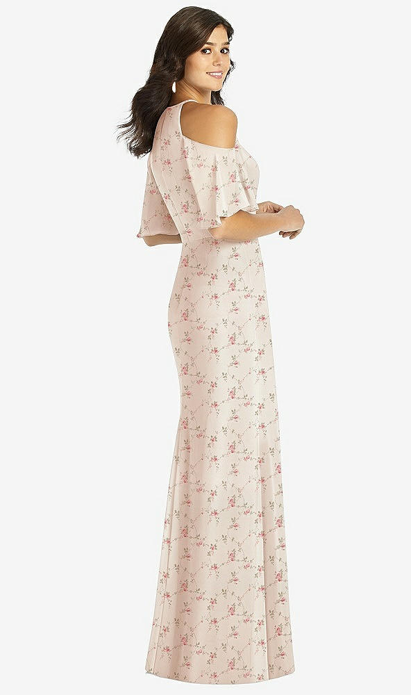 Back View - Coquette Floral Print Ruffle Cold-Shoulder Mermaid Maxi Dress