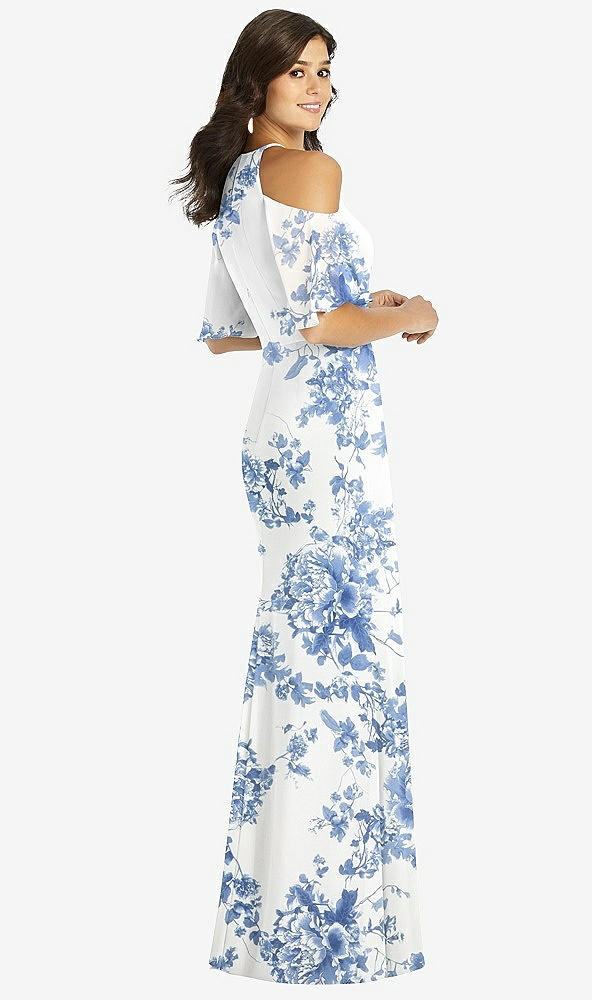 Back View - Cottage Rose Dusk Blue Ruffle Cold-Shoulder Mermaid Maxi Dress