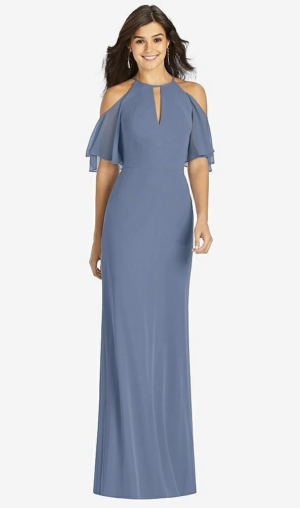 Front View - Larkspur Blue Ruffle Cold-Shoulder Mermaid Maxi Dress