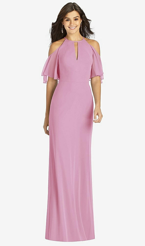 Front View - Powder Pink Ruffle Cold-Shoulder Mermaid Maxi Dress