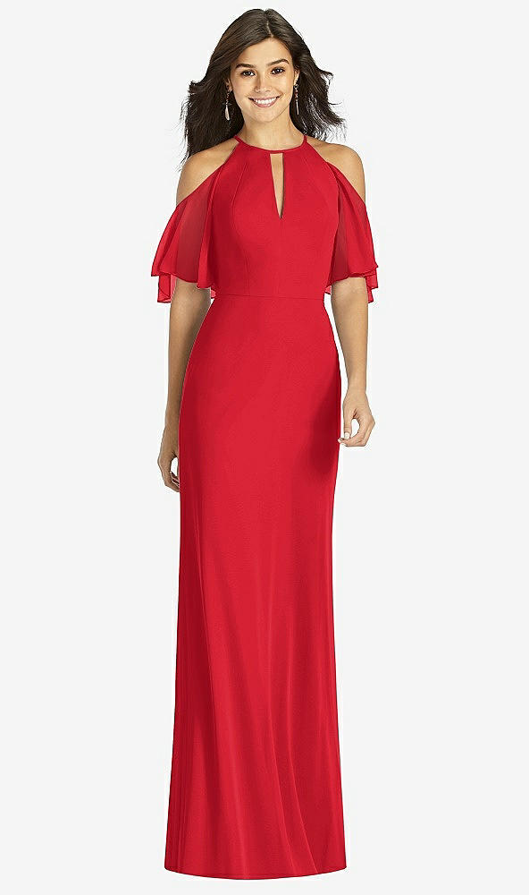 Front View - Parisian Red Ruffle Cold-Shoulder Mermaid Maxi Dress