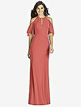 Front View Thumbnail - Coral Pink Ruffle Cold-Shoulder Mermaid Maxi Dress