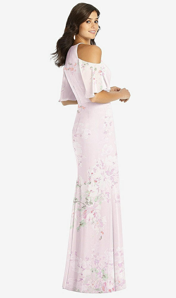 Back View - Watercolor Print Ruffle Cold-Shoulder Mermaid Maxi Dress