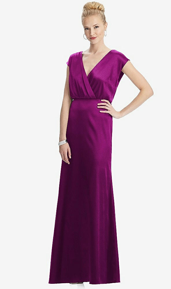 Front View - Persian Plum Cap Sleeve Blouson Faux Wrap Dress