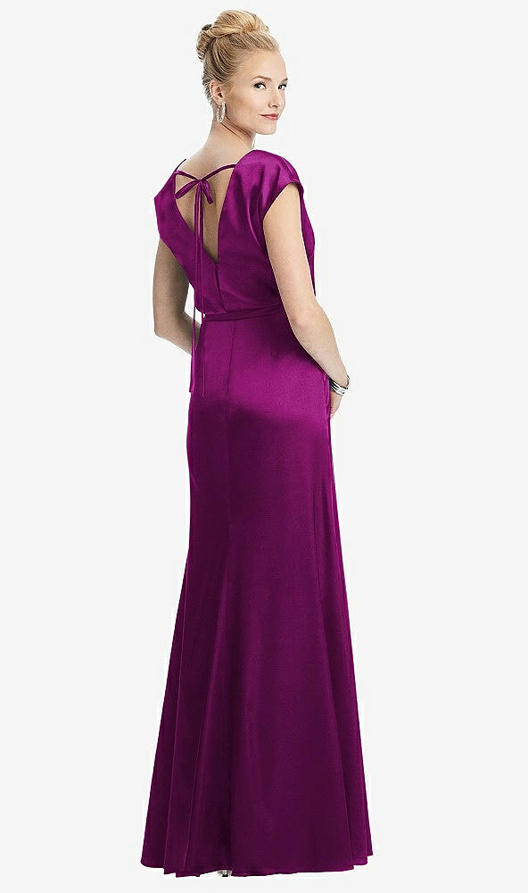 Back View - Persian Plum Cap Sleeve Blouson Faux Wrap Dress