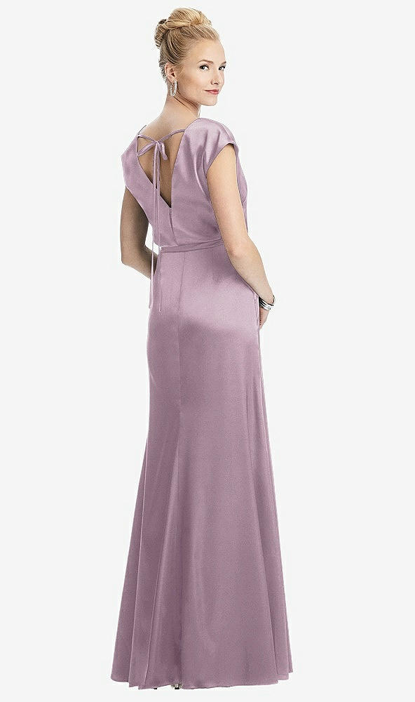 Back View - Suede Rose Cap Sleeve Blouson Faux Wrap Dress