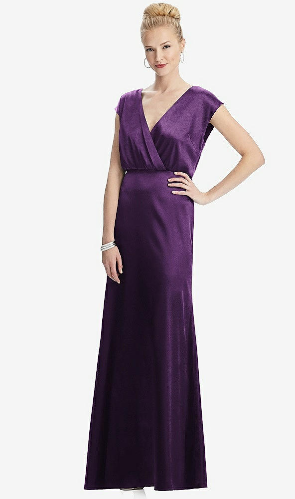 Front View - African Violet Cap Sleeve Blouson Faux Wrap Dress