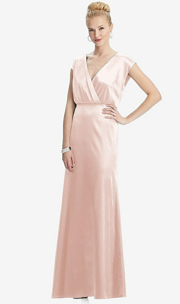 Front View - Blush Cap Sleeve Blouson Faux Wrap Dress